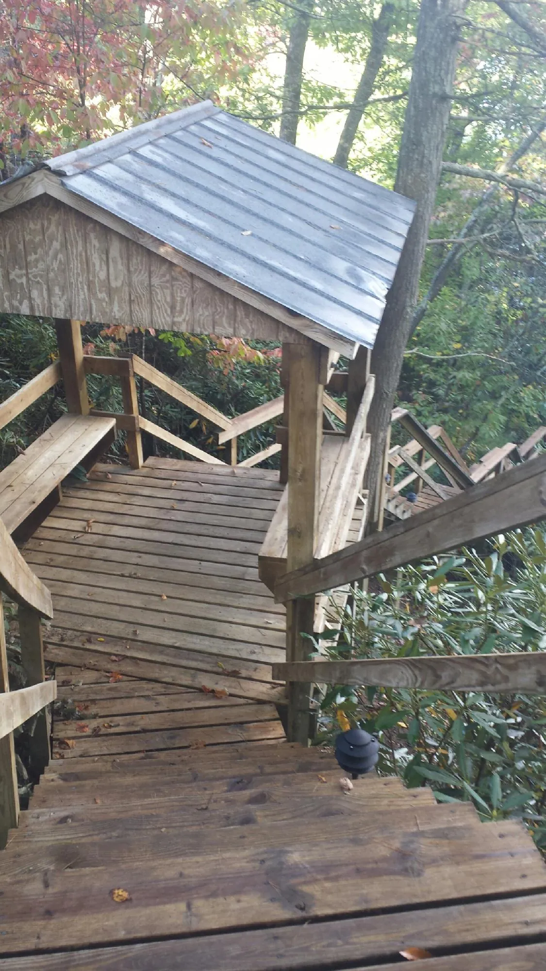 Metal roofed shelter over wooden steps on a wooded walkway — Skylight Repair & Installation work by our crew in Molena